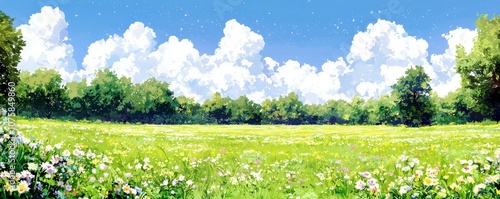 Vibrant Colorful Meadow Under Bright Blue Sky with Fluffy Clouds and Lush Green Trees, Perfect for Nature and Landscape Themes in Creative Projects