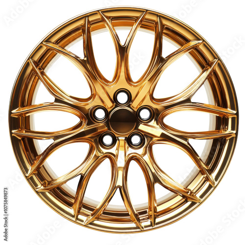 stunning gold alloy wheel featuring unique multi spoke design, perfect for enhancing look of any vehicle. Its shiny finish adds touch of elegance and style photo