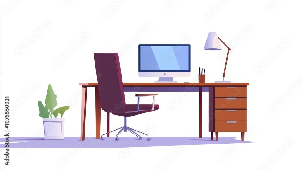 Flat vector scene: Office furniture including a work desk, desktop computer Flat vector scene: Office furniture including a work desk, desktop computer
