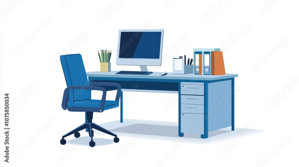 Flat vector scene: Office furniture including a work desk, desktop computer Flat vector scene: Office furniture including a work desk, desktop computer