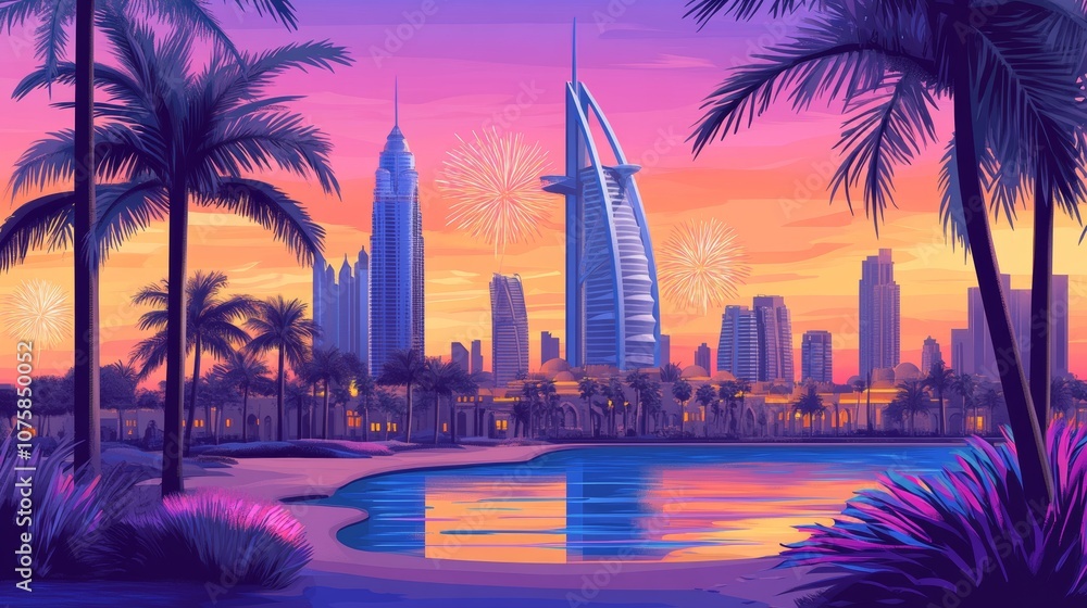 Obraz premium A vibrant sunset skyline featuring iconic buildings and fireworks over a serene waterfront.
