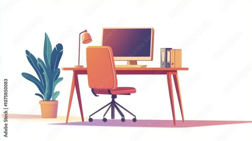 Fototapeta premium Flat vector style: Empty desk with a desktop computer and chair,