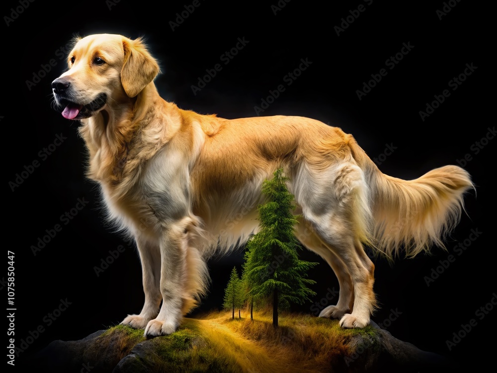 A Golden Retriever Alertly Stands with Tail Wagging Against a Dark Background, Showcasing its Black Collar in a Striking Double Exposure Photography Style A Golden Retriever Alertly Stands with Tail Wagging Against a Dark Background, Showcasing its Black Collar in a Striking Double Exposure Photography Style
