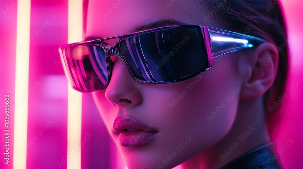 Woman with trendy glasses and pink and blue neon lighting Woman with trendy glasses and pink and blue neon lighting
