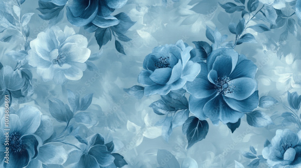 Floral pattern in soft blue tones, seamlessly repeating across a fabric canvas Floral pattern in soft blue tones, seamlessly repeating across a fabric canvas