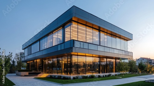 Modern office building with glass facade at sunset. Perspective view of modern office building. - Generated AI