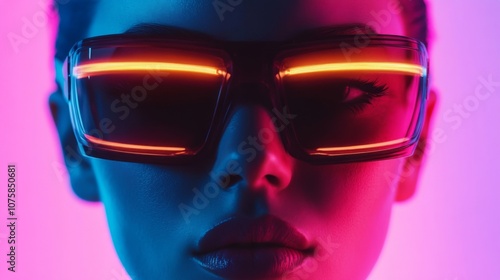  Woman in futuristic glasses with intense pink lighting