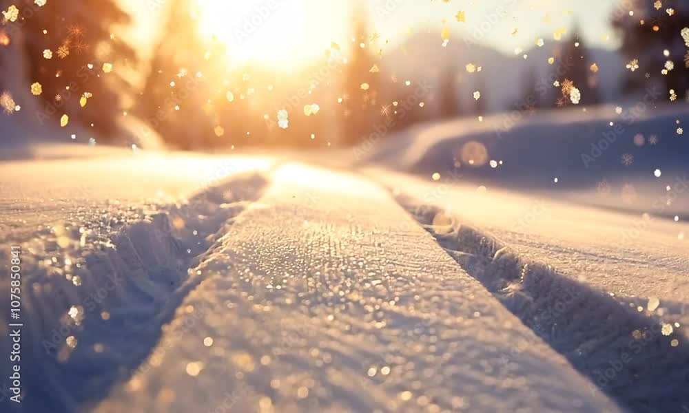 Winter Sunlit Snow Trail in Scenic Mountain Landscape at Golden Hour : Generative AI