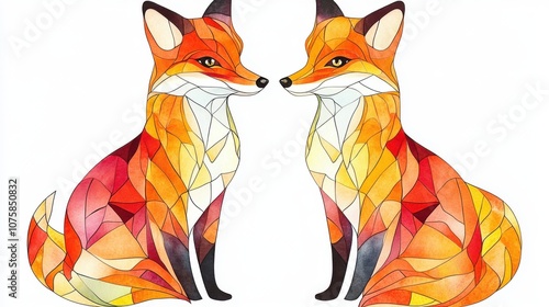 Curious foxes, stained glass style, watercolor clipart in the center on plain solid white background, high resolution, 8k, high quality, clean appearance photo