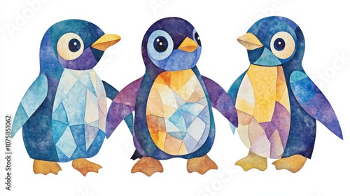 Cute penguins, stained glass style, watercolor clipart in the center on plain solid white background, high resolution, 8k, high quality, clean appearance