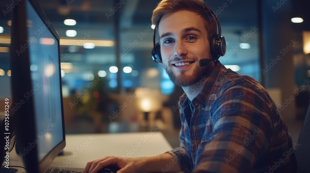 Fototapeta premium Friendly male call-center worker sitting at his desk with a headset,