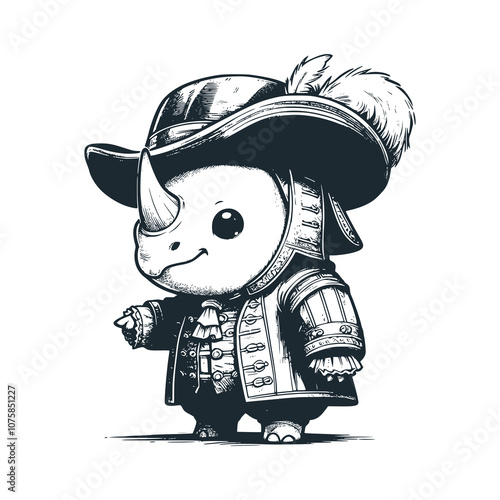 One-horned rhinoceros wearing a furry hat. black white vector illustration.