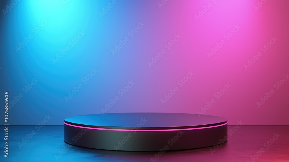 Black Circular Platform with Pink Neon Light and Blue and Pink Gradient Background Black Circular Platform with Pink Neon Light and Blue and Pink Gradient Background