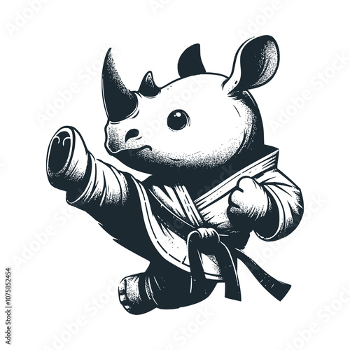 Rhinoceros kick in martial arts. black white vector illustration.