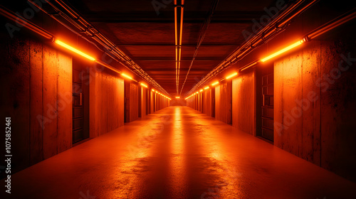 Long Concrete Corridor with Neon Orange Lights, hallway, tunnel, walls, ceiling, fluorescent