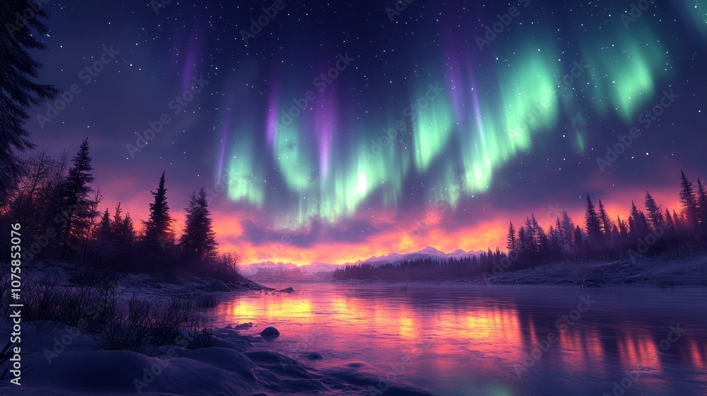 Naklejka premium Stunning auroras illuminate a serene river landscape at twilight.