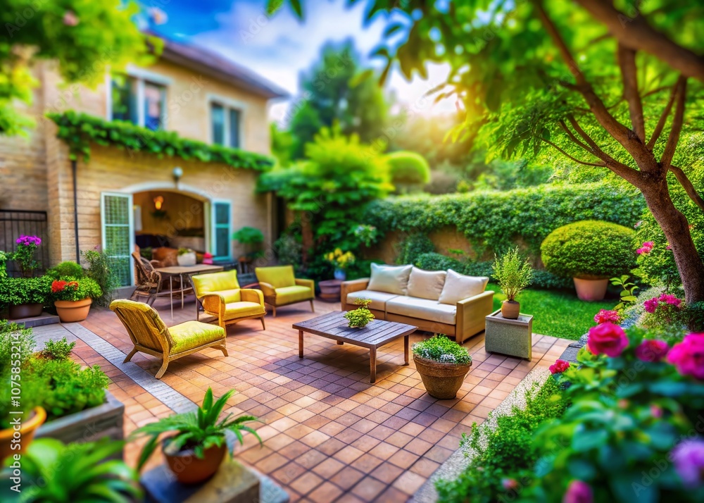 Fototapeta premium A Symbolic Villa's Backyard Patio Captured in Tilt-Shift Photography Featuring Lush Greenery, Cozy Furniture, and Artistic Elements for a Dreamy Outdoor Experience