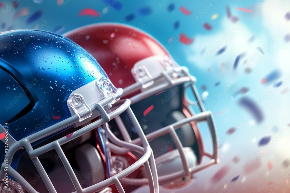 Two football helmets are shown in a blue and red color Two football helmets are shown in a blue and red color