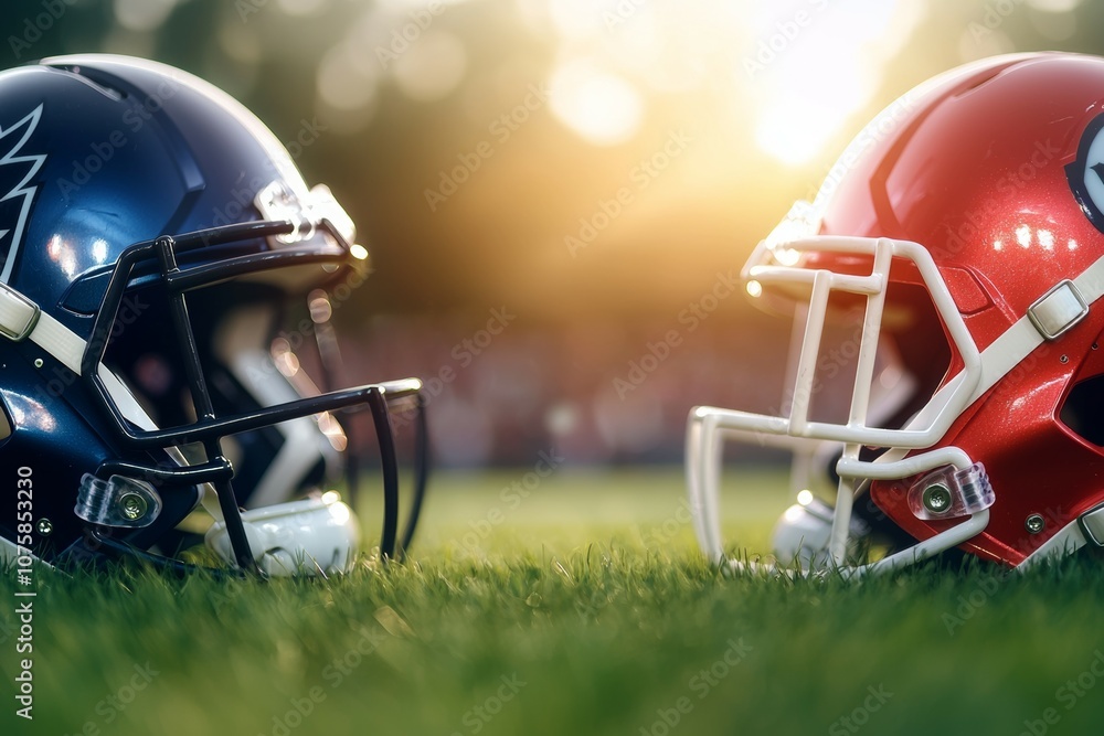 Two football helmets on a field, one blue and one red Two football helmets on a field, one blue and one red