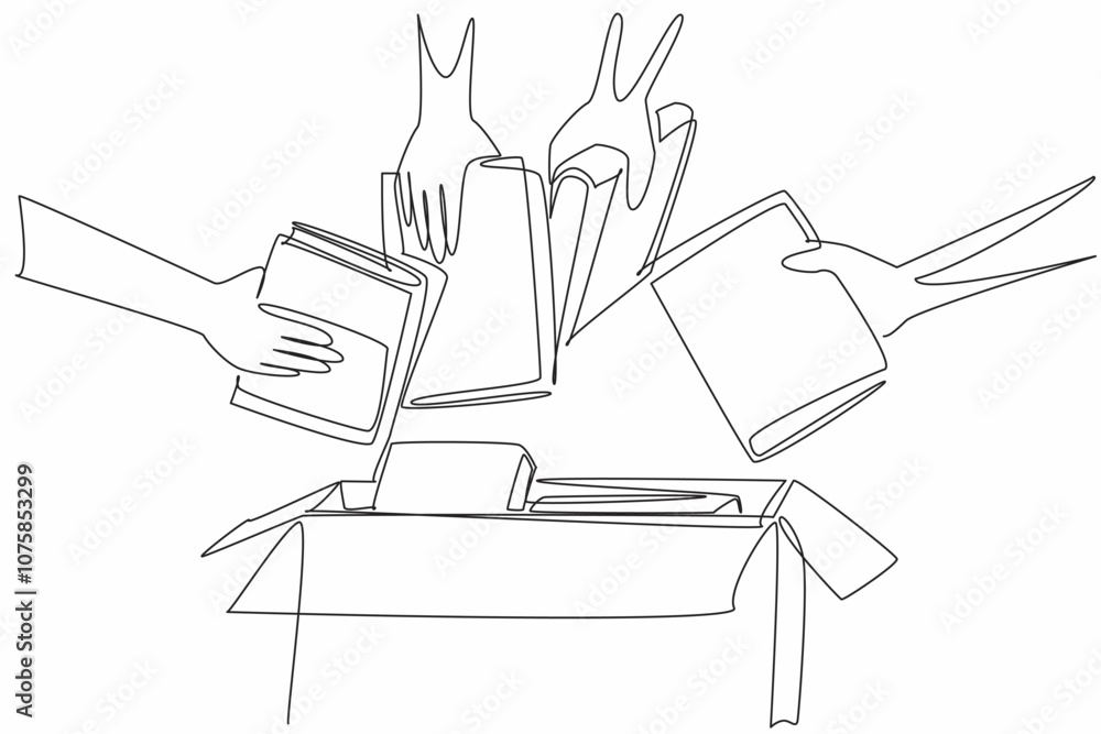 Single one line drawing four hands holding the books and will put them in a box. Competing to hand over books. Good deeds. International Book Giving Day. Continuous line design graphic illustration Single one line drawing four hands holding the books and will put them in a box. Competing to hand over books. Good deeds. International Book Giving Day. Continuous line design graphic illustration
