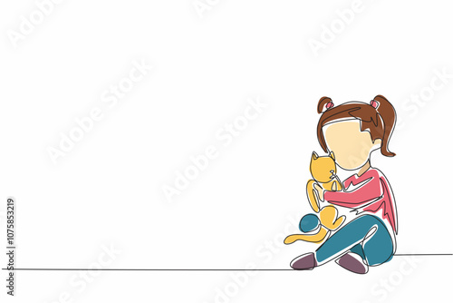 Single continuous line drawing a little girl gently cradles her fluffy cat. The girl's smile suggests a deep bond between the two. Care. National Love Your Pet Day. One line design vector illustration