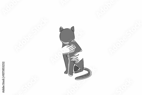 Single continuous line drawing a pair of hands are gently embracing a cat. Symbolizes love, compassion and bond between humans animals. National Love Your Pet Day. One line design vector illustration