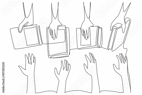 Single continuous line drawing multiple hands holding books. Shared learning experience. Expanding thinking horizons. Discussion. International Book Giving Day. One line design vector illustration