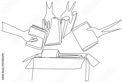 Single one line drawing four hands holding the books and will put them in a box. Competing to hand over books. Good deeds. International Book Giving Day. Continuous line design graphic illustration