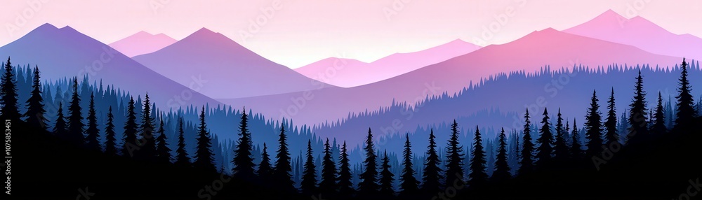 Fototapeta premium Serene Mountain Landscape at Dawn with Majestic Peaks and Pine Trees, Soft Gradient Sky, Peaceful Nature Scene for Outdoor Enthusiasts and Travelers