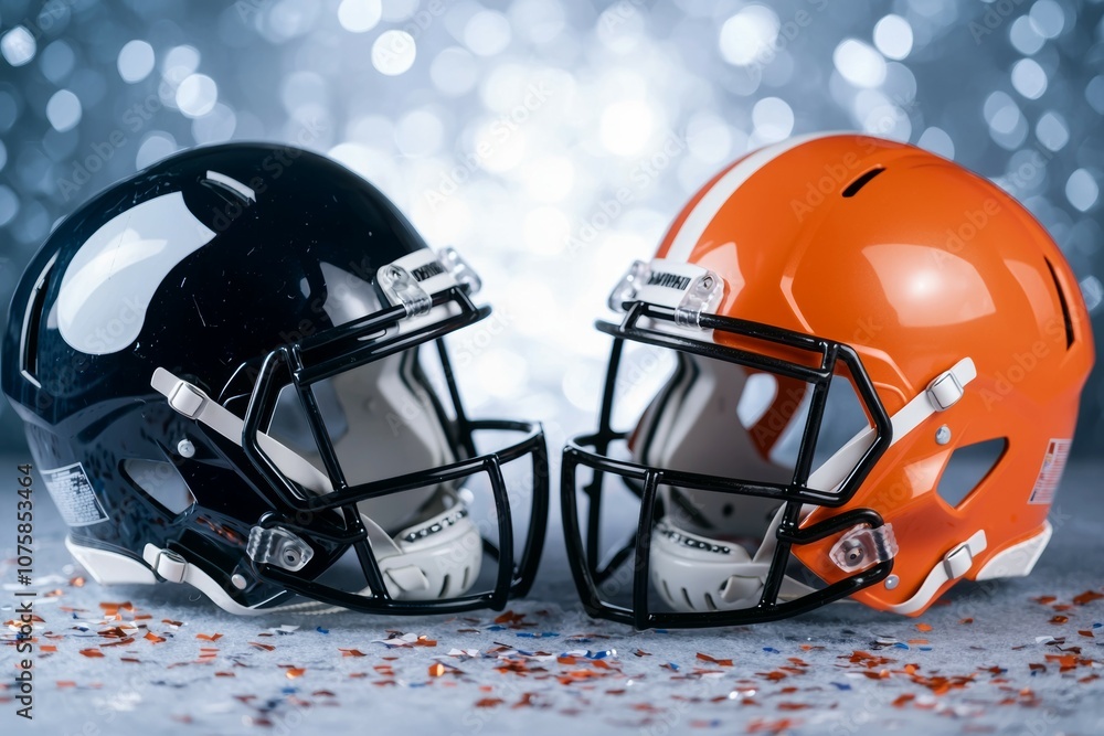 Fototapeta premium Two football helmets, one black and one orange, are on a table