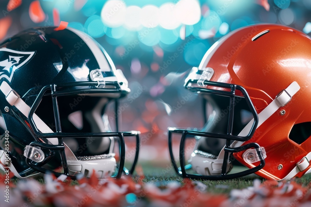 Two football helmets are on the field, one black and one orange Two football helmets are on the field, one black and one orange