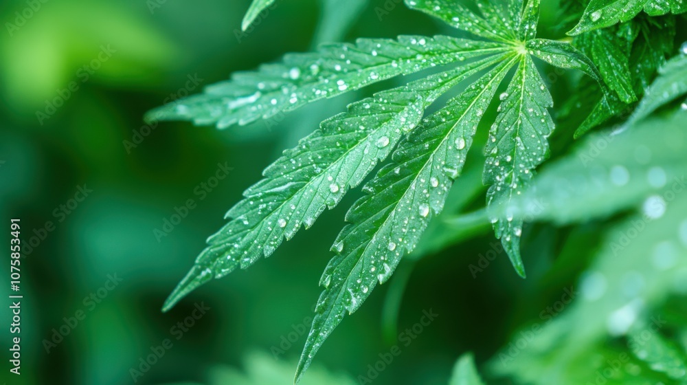 Isolated image of cannabis leaves with sparkling water droplets, Isolated image of cannabis leaves with sparkling water droplets,