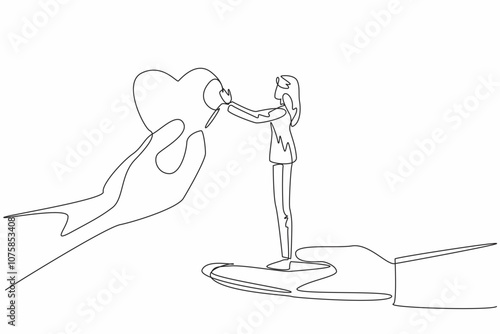 Single one line drawing a woman stands on big palm taking big heart shape. Small acts of kindness can have a profound impact. Random Acts of Kindness Day. Continuous line design graphic illustration