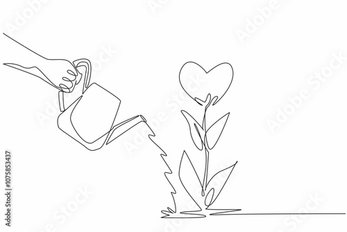 Single continuous line drawing a hand holding a watering can pours water onto a heart-shaped flower. Nurturing of love and compassion. Random Acts of Kindness Day. One line design vector illustration