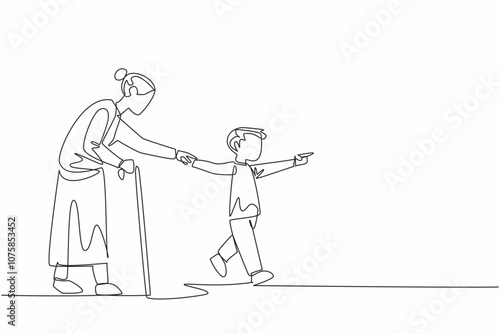 Single one line drawing a young boy with a kind smile offers his hand to elderly woman. Together, they step onto the crosswalk. Random Acts of Kindness Day. Continuous line design graphic illustration