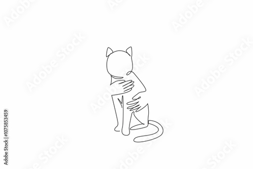 Single continuous line drawing a pair of hands are gently embracing a cat. Symbolizes love, compassion and bond between humans animals. National Love Your Pet Day. One line design vector illustration