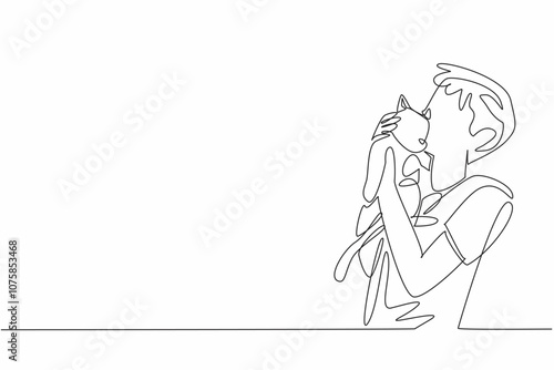 Single one line drawing a boy lovingly embracing and kissing cat. The pure and unconditional love between humans and animals. National Love Your Pet Day. Continuous line design graphic illustration