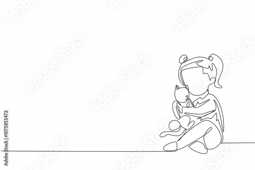 Single continuous line drawing a little girl gently cradles her fluffy cat. The girl's smile suggests a deep bond between the two. Care. National Love Your Pet Day. One line design vector illustration