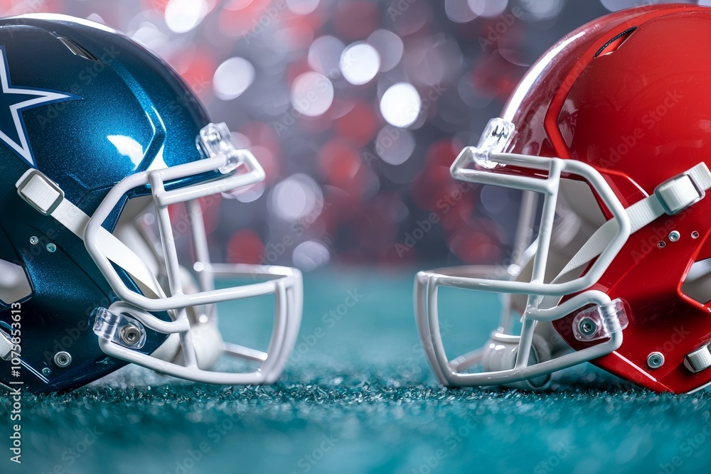 Fototapeta premium Two football helmets, one blue and one red, are on a green field