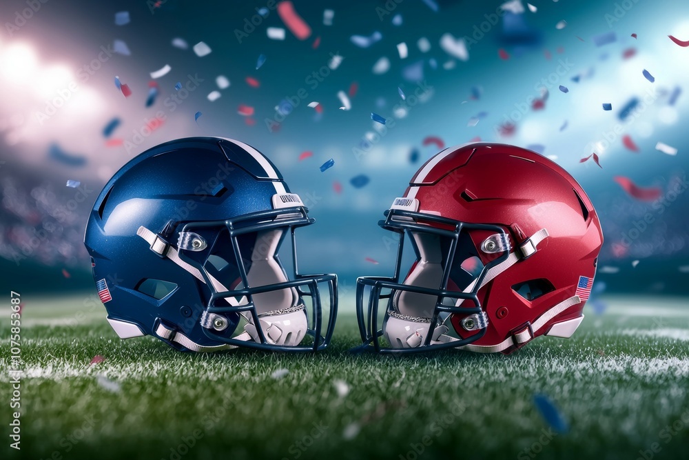 Two football helmets on a field with confetti in the background Two football helmets on a field with confetti in the background