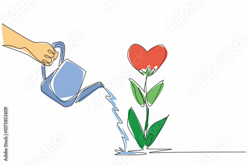 Single continuous line drawing a hand holding a watering can pours water onto a heart-shaped flower. Nurturing of love and compassion. Random Acts of Kindness Day. One line design vector illustration