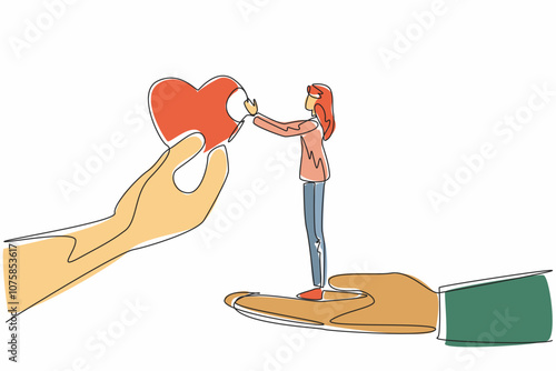 Single one line drawing a woman stands on big palm taking big heart shape. Small acts of kindness can have a profound impact. Random Acts of Kindness Day. Continuous line design graphic illustration