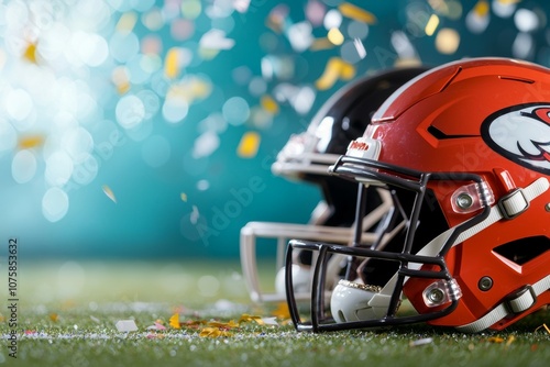 Two football helmets are on the field, one red and one black photo