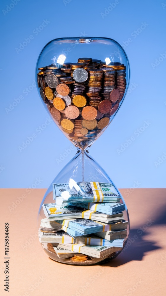 Glass container with coins and bills inside Glass container with coins and bills inside