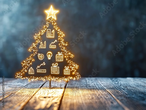 Festive glowing Christmas tree with business-themed icons on a rustic wooden surface
