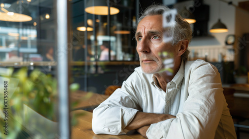 Social loneliness，Single figure in a contemporary, sparsely furnished cafe, peering through the glass with a look of distant contemplation, representing emotional seclusion. 