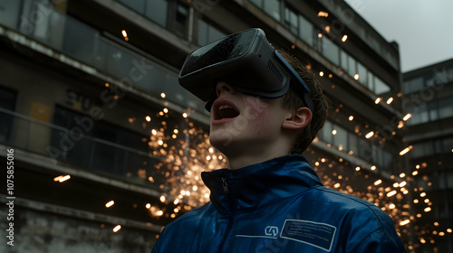 Young man in VR headset looking up in awe, virtual reality, goggles, boy, teenager, amazed