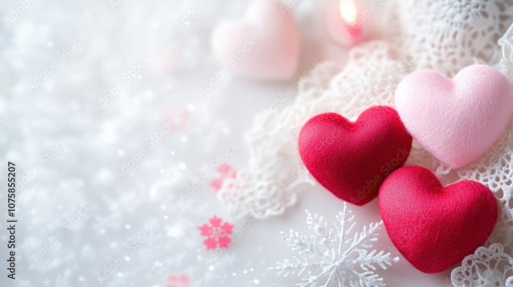 A romantic arrangement of heart-shaped decorations in various shades, set against a delicate lace background, creating a warm and inviting atmosphere. A romantic arrangement of heart-shaped decorations in various shades, set against a delicate lace background, creating a warm and inviting atmosphere.