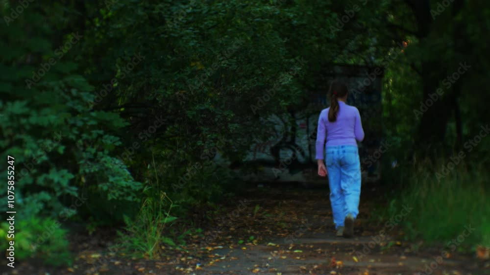 Young girl wanders through a shadowy forest, feeling lost and frightened. Anxiety envelops her as dark shapes loom, creating a tense atmosphere of vulnerability and suspense Young girl wanders through a shadowy forest, feeling lost and frightened. Anxiety envelops her as dark shapes loom, creating a tense atmosphere of vulnerability and suspense
