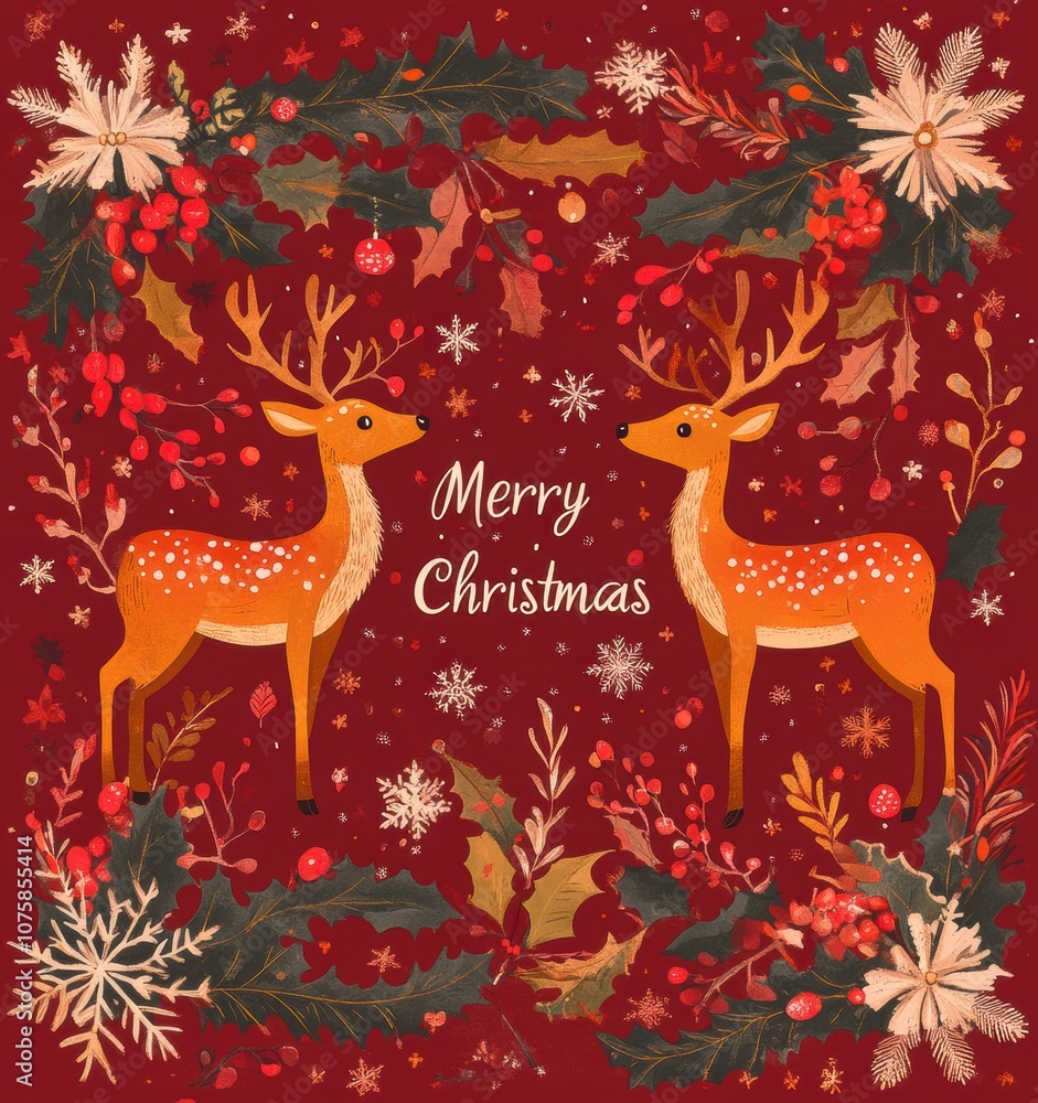 A festive illustration featuring two orange reindeers amidst a floral border, with A festive illustration featuring two orange reindeers amidst a floral border, with
